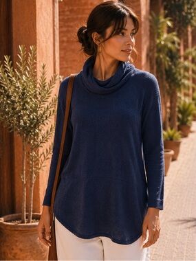 Navy Blue Women's Cowl Neck Top
